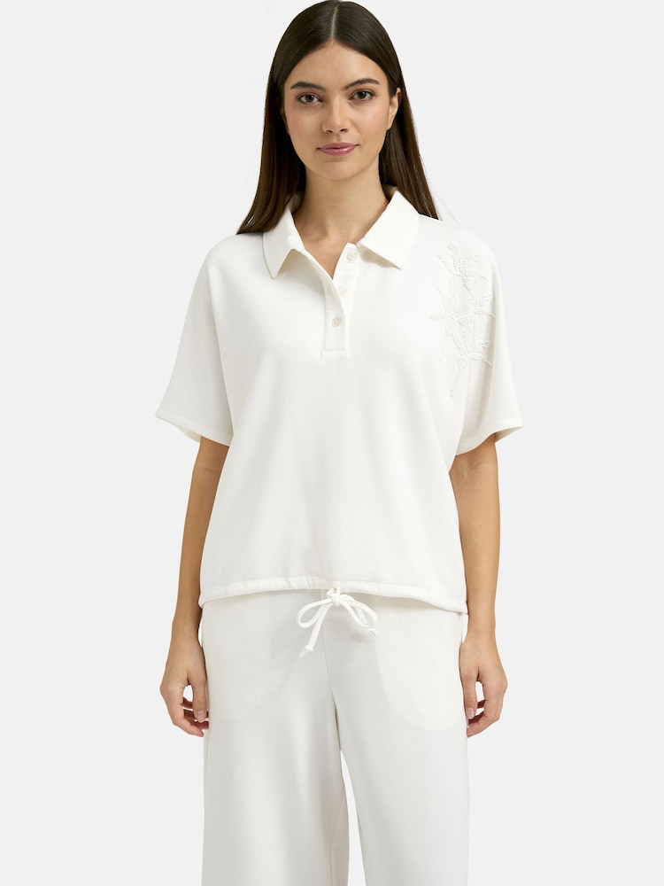 Smith & Soul White Oversize Scuba Polo Shirt with Floral Beaded Sleeve Detail - Image 1 of 6 Smith & Soul White Oversize Scuba Polo Shirt with Floral Beaded Sleeve Detail - Image 1 of 6