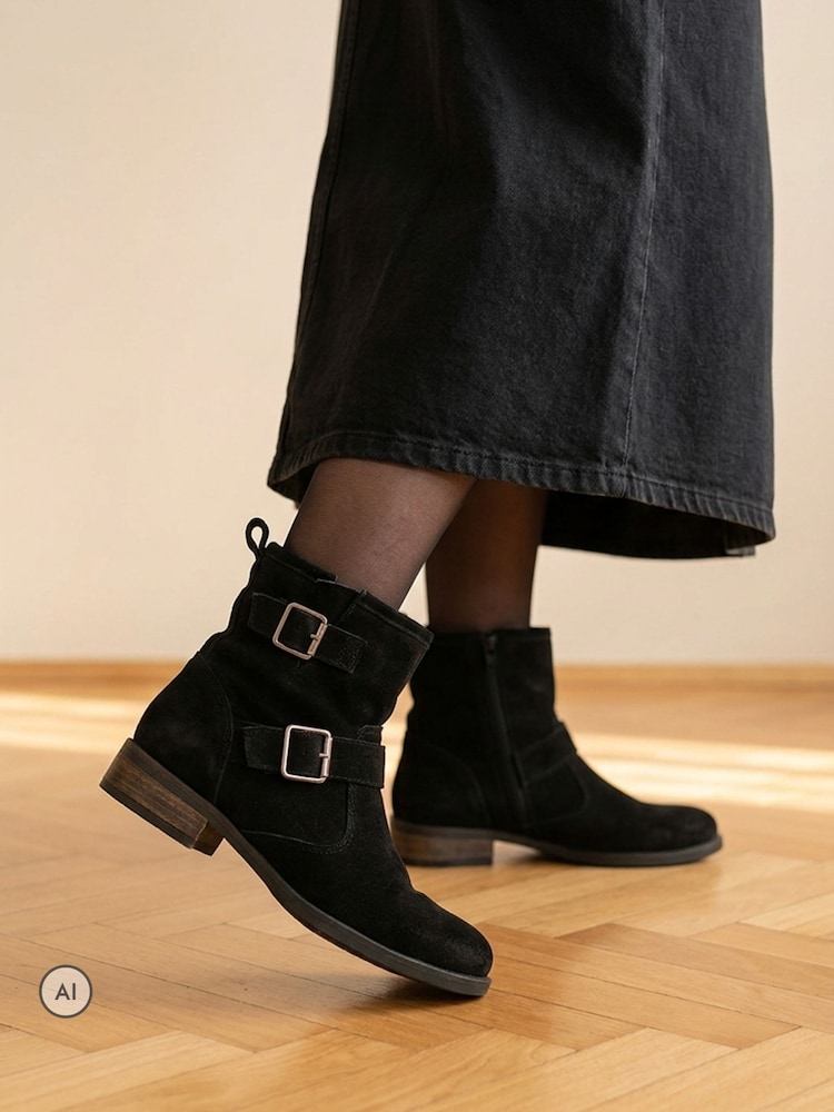 Jones Bootmaker Black Suede Maribel Buckle-Detailed Leather Boots - Image 1 of 6 Jones Bootmaker Black Suede Maribel Buckle-Detailed Leather Boots - Image 1 of 6