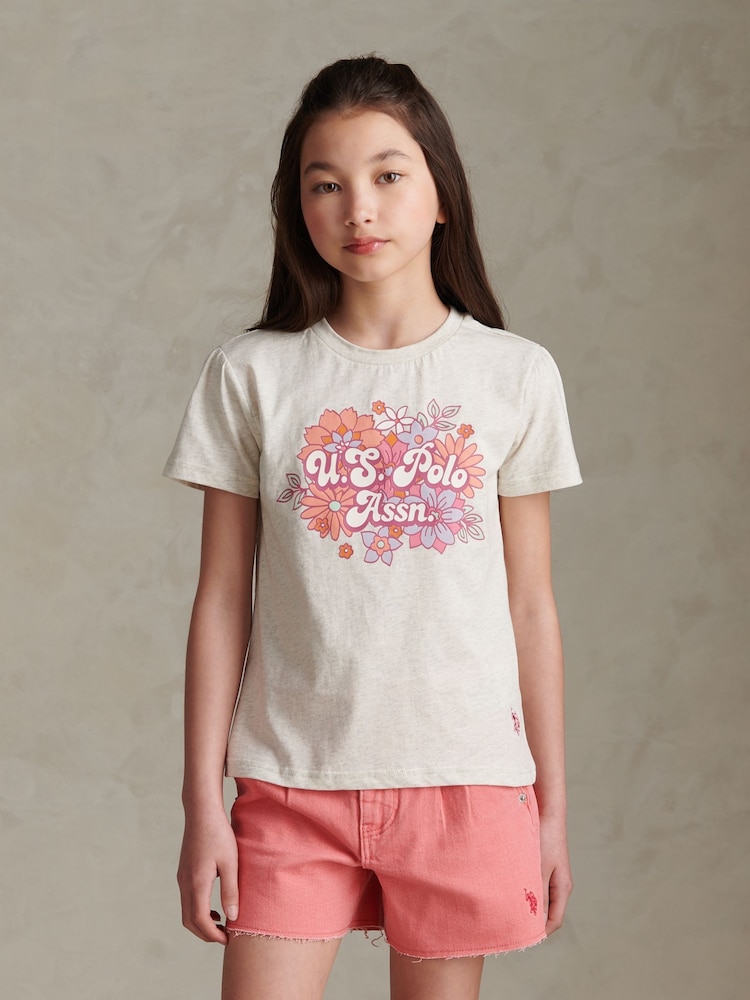U.S. Polo Assn Grey Floral Graphic Puff Sleeve T-Shirt - Image 1 of 7