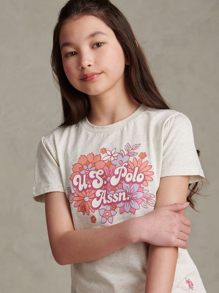 U.S. Polo Assn Grey Floral Graphic Puff Sleeve T-Shirt - Image 2 of 7