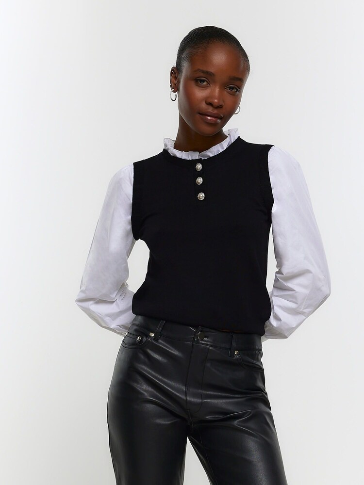 River Island Black Poplin Sleeve Hybrid Top - Image 1 of 6 River Island Black Poplin Sleeve Hybrid Top - Image 1 of 6