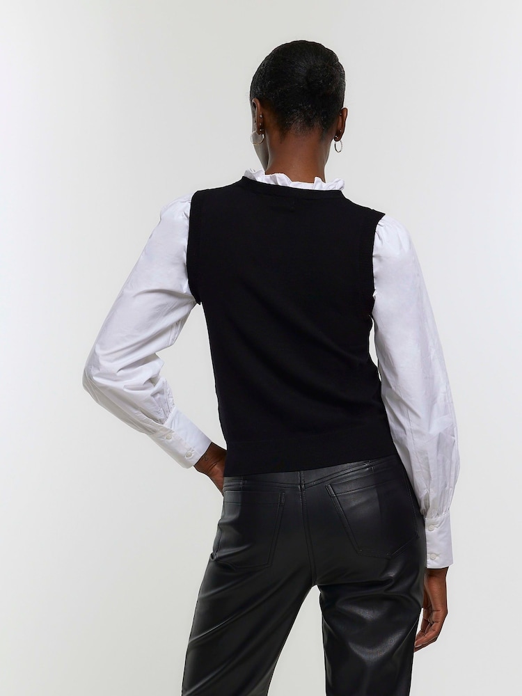 River Island Black Poplin Sleeve Hybrid Top - Image 2 of 6 River Island Black Poplin Sleeve Hybrid Top - Image 2 of 6