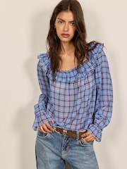 BHOEM Blue Ruffled Blue Checked Blouse - Image 1 of 5