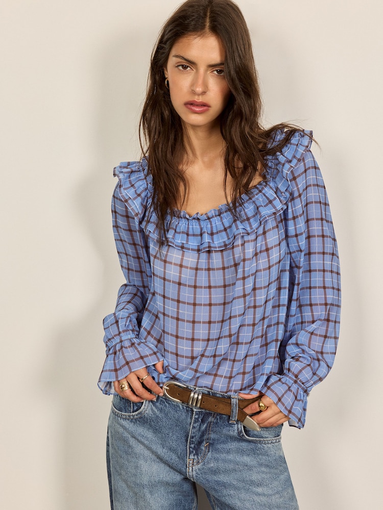 BHOEM Blue Ruffled Blue Checked Blouse - Image 1 of 5