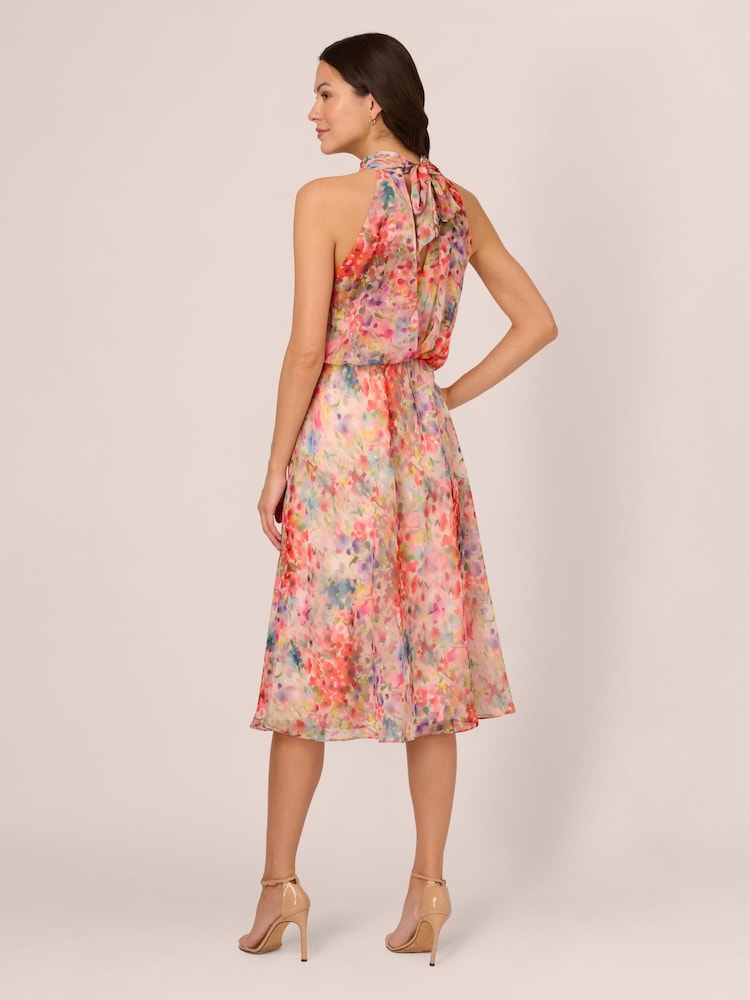 Adrianna Papell Red Halter Tie Blouson Midi Dress - Image 2 of 6