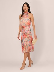 Adrianna Papell Red Halter Tie Blouson Midi Dress - Image 3 of 6