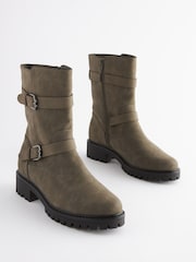 Khaki Green Extra Wide Fit Forever Comfort® Buckle Biker Boots - Image 1 of 7