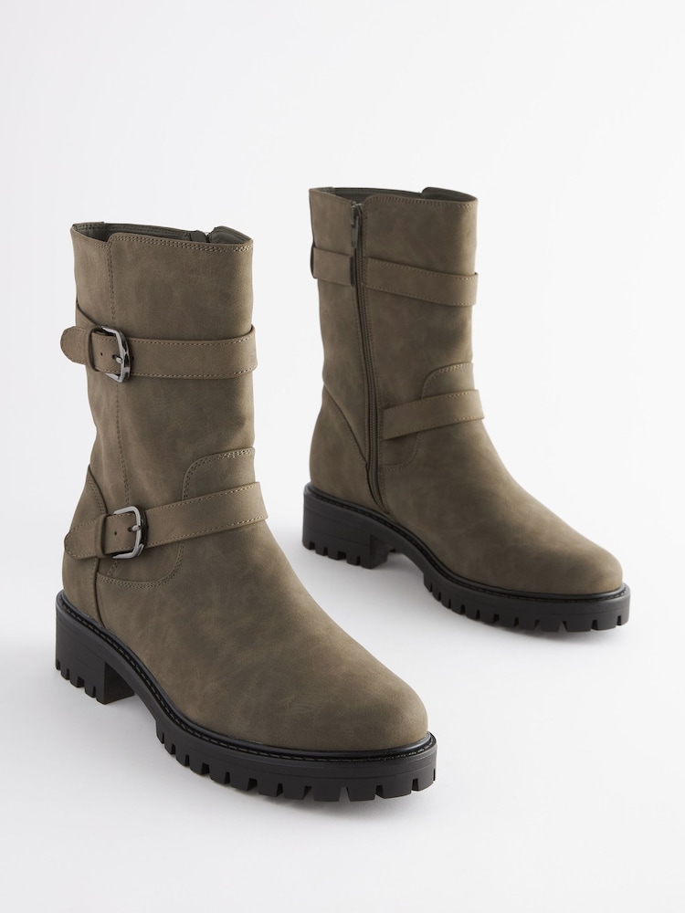 Khaki Green Extra Wide Fit Forever Comfort® Buckle Biker Boots - Image 1 of 7