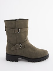 Khaki Green Extra Wide Fit Forever Comfort® Buckle Biker Boots - Image 2 of 7