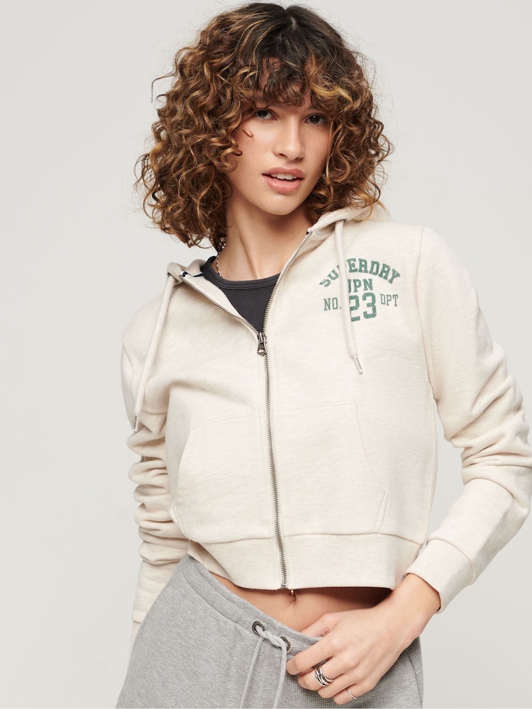 Superdry Nude 100% Cotton Athletic Essential Crop Zip Hoodie - Image 1 of 3