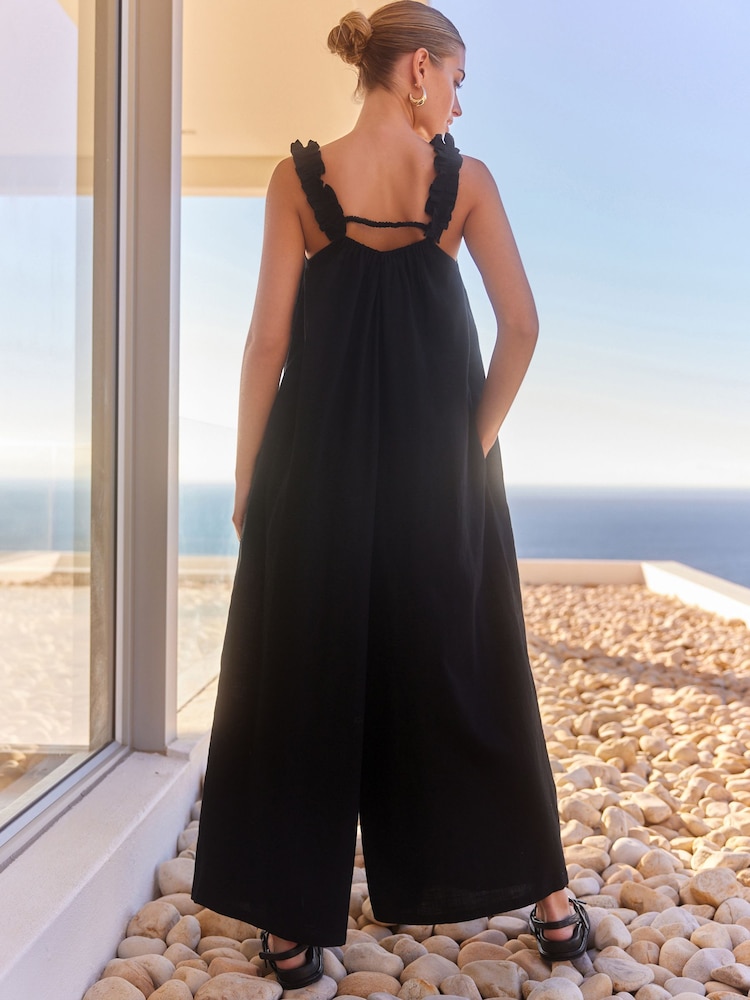 Black Ruffle Strap Wide Leg 100% Cotton Jumpsuit - Image 3 of 7