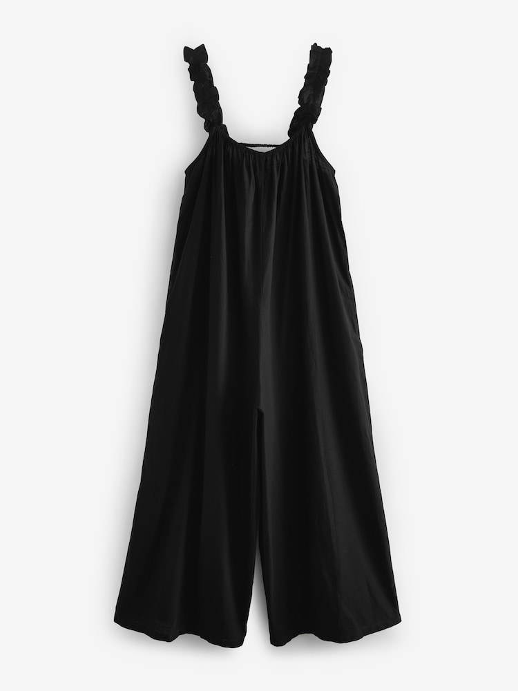 Black Ruffle Strap Wide Leg 100% Cotton Jumpsuit - Image 6 of 7