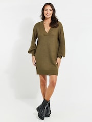 Threadbare Green V-Neck Knitted Jumper Dress - Image 1 of 4