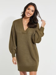 Threadbare Green V-Neck Knitted Jumper Dress - Image 3 of 4