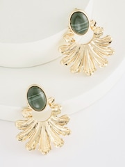 Gold Tone Stone Fan Statement Earrings Made With Recycled Zinc - Image 3 of 3