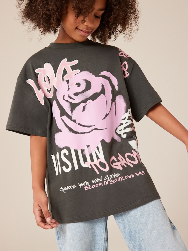 Charocal Grey Graffiti Rose T-Shirt (3-16yrs) - Image 1 of 1