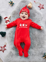 JoJo Maman Bébé Red My First Christmas Cotton Baby Sleepsuit - Image 1 of 6