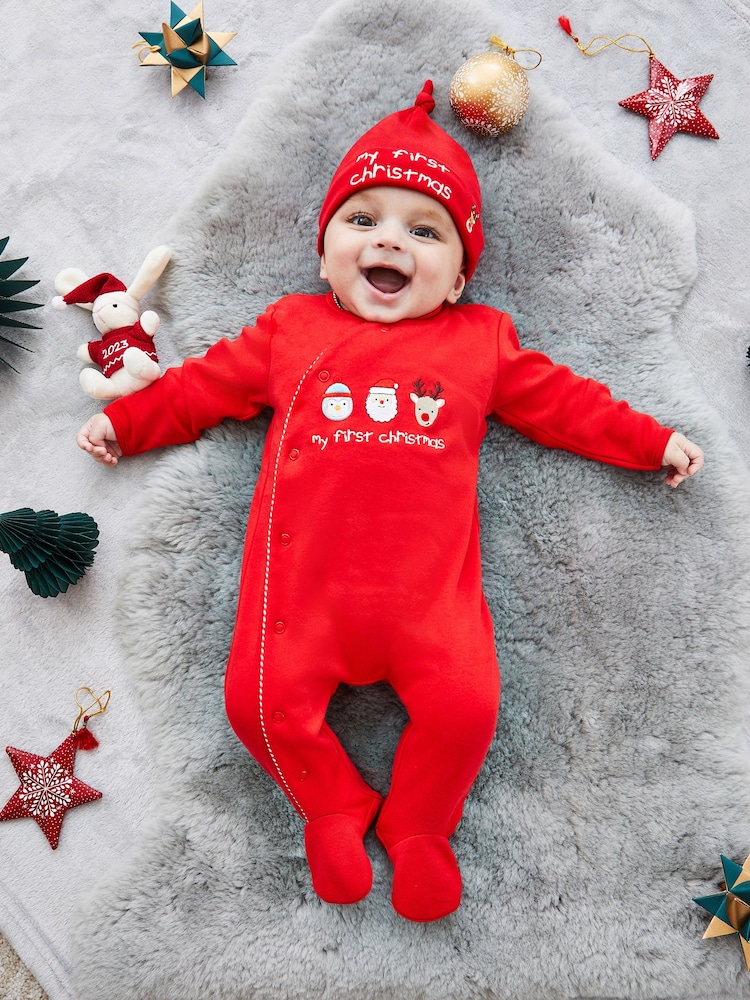 JoJo Maman Bébé Red My First Christmas Cotton Baby Sleepsuit - Image 1 of 6