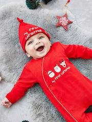 JoJo Maman Bébé Red My First Christmas Cotton Baby Sleepsuit - Image 2 of 6
