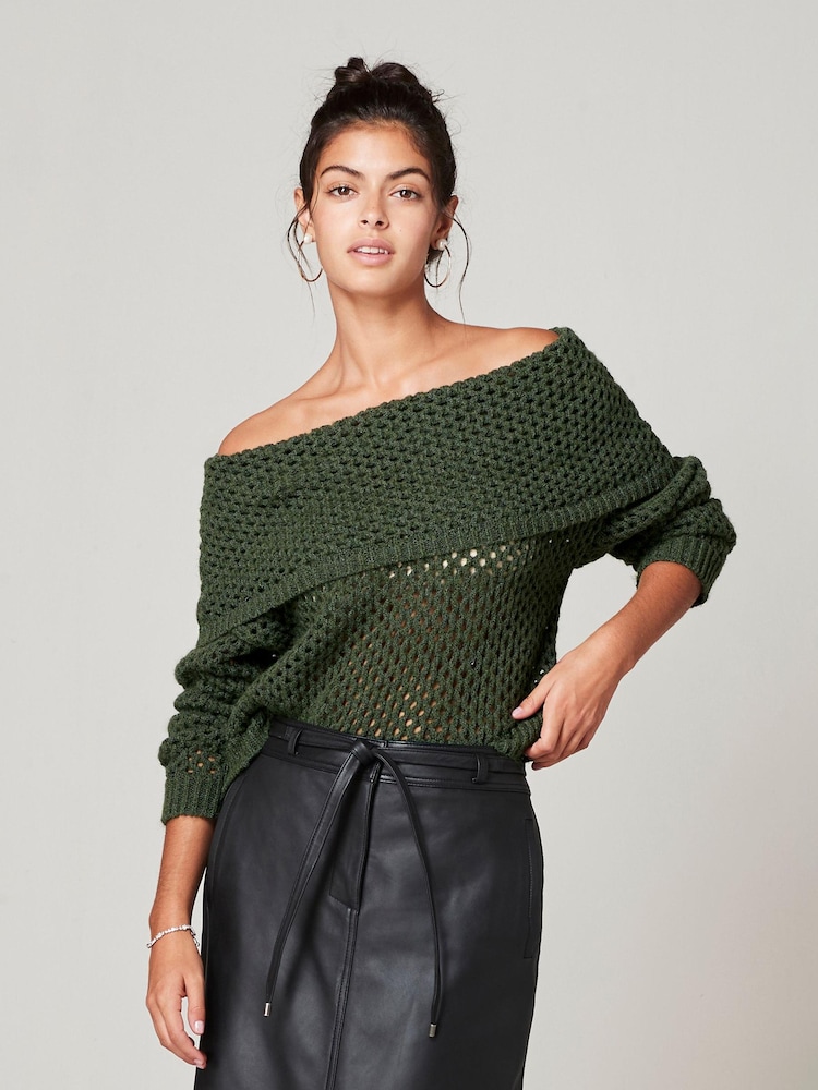 Khaki Green Open Stitch Mesh Bardot Long Sleeve Jumper - Image 1 of 1 Khaki Green Open Stitch Mesh Bardot Long Sleeve Jumper - Image 1 of 1