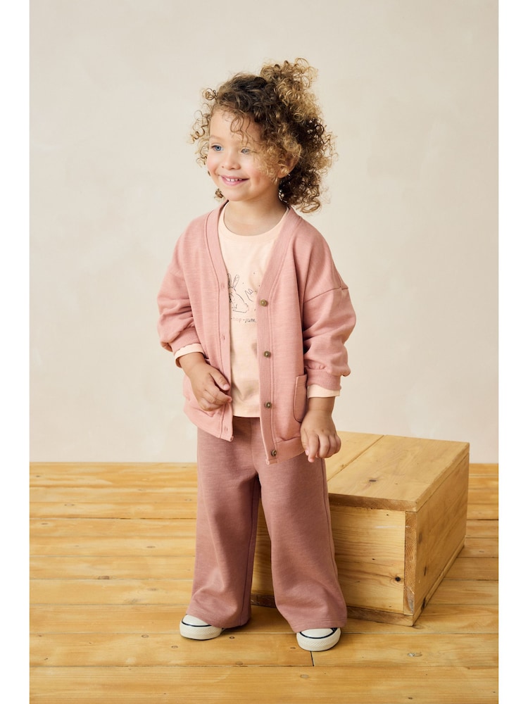 Pink Long Sleeve 100% Cotton Cardigan and Wide Leg Joggers Set (3mths-7yrs) - Image 1 of 8