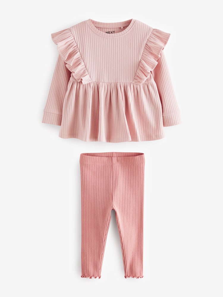 Pink Brushed Ribbed Long Sleeve T-Shirt and Leggings Set (3mths-7yrs) - Image 1 of 3