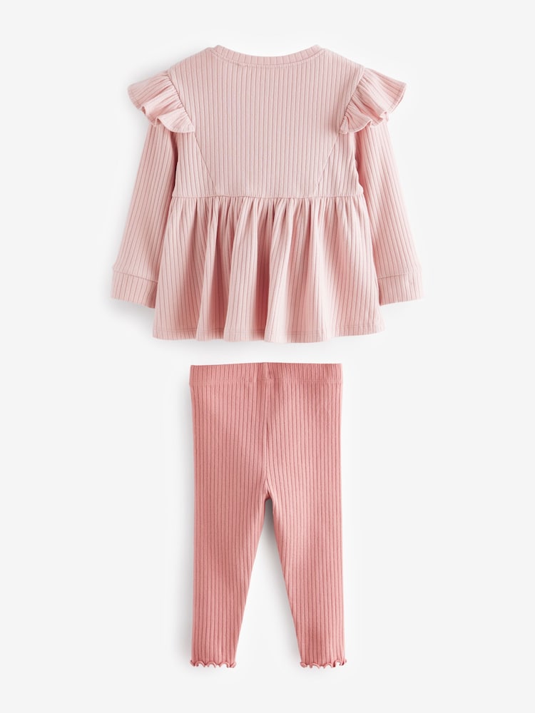 Pink Brushed Ribbed Long Sleeve T-Shirt and Leggings Set (3mths-7yrs) - Image 2 of 3
