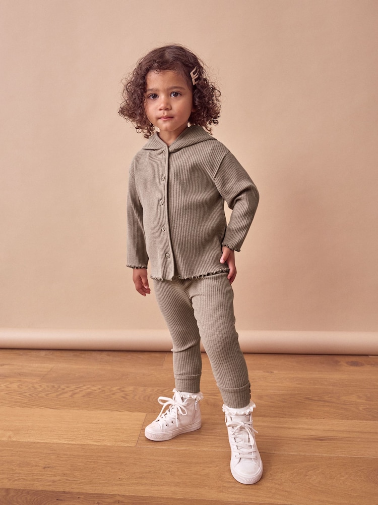 Tan Brown Rib Long Sleeve Button-up Top and Leggings Set (3mths-7yrs) - Image 1 of 8
