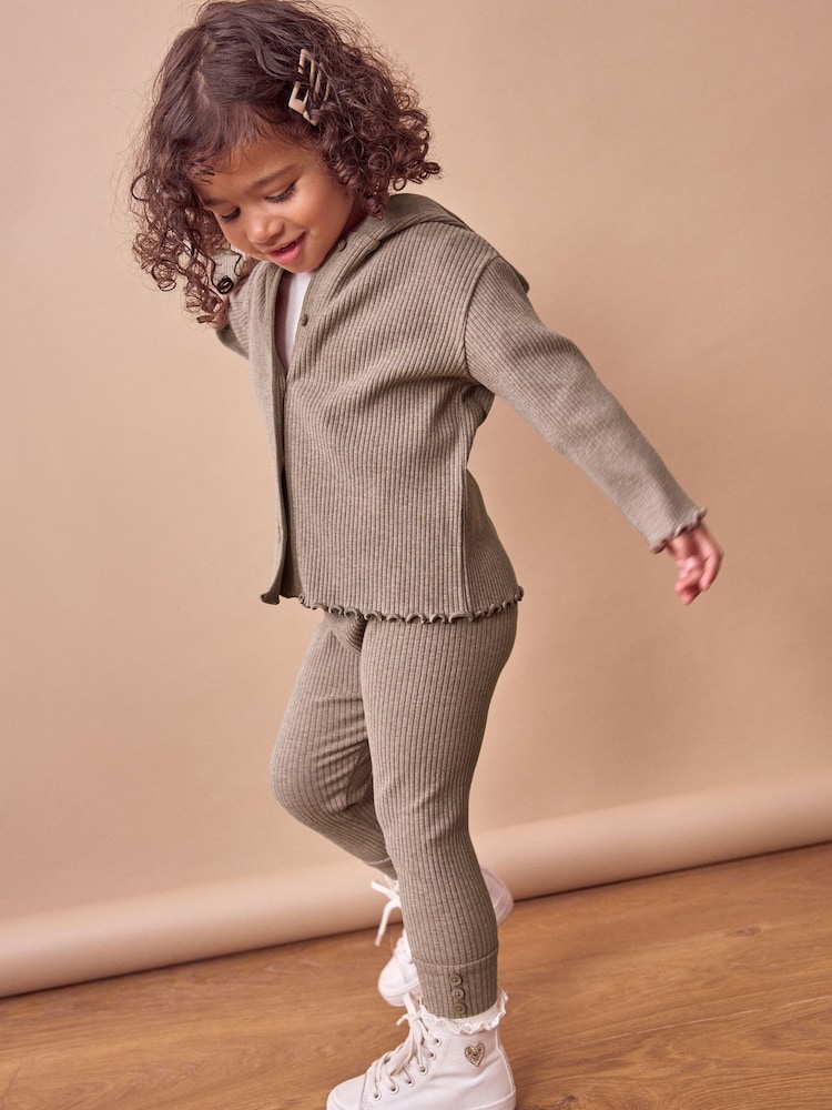 Tan Brown Rib Long Sleeve Button-up Top and Leggings Set (3mths-7yrs) - Image 2 of 8
