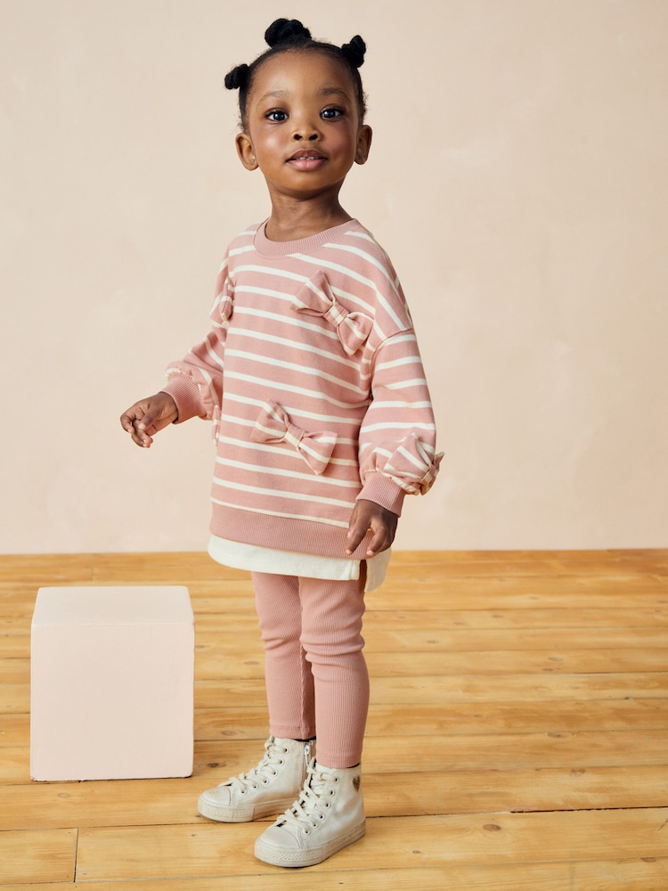 Pink Stripped Padded Bows Long Sleeve Top and Leggings Set (3mths-7yrs) - Image 1 of 8