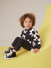 Black/White Flowers Long Sleeve 100% Cotton Top and Leggings Set (3mths-7yrs) - Image 2 of 4