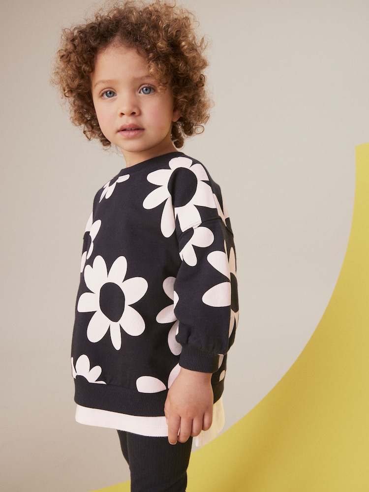 Black/White Flowers Long Sleeve 100% Cotton Top and Leggings Set (3mths-7yrs) - Image 4 of 4