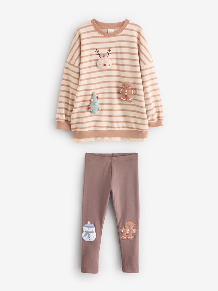 Pink Stripe Christmas Padded Characters Long Sleeve Top and Leggings Set (3mths-7yrs) - Image 1 of 4