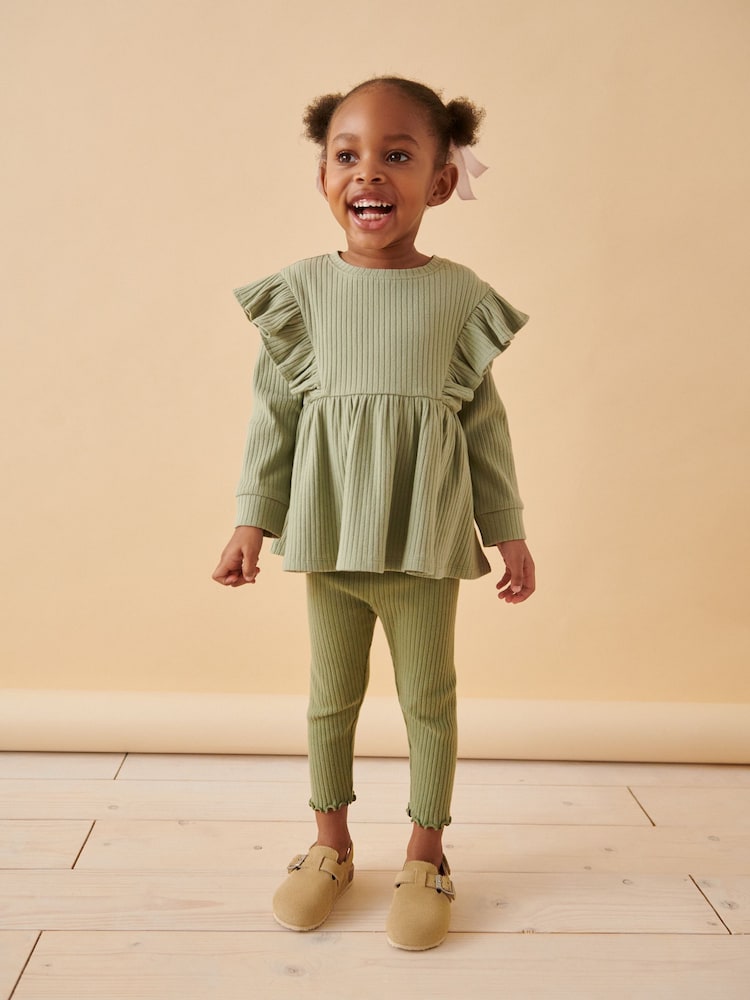 Green Brushed Ribbed Long Sleeve T-Shirt and Leggings Set (3mths-7yrs) - Image 1 of 7