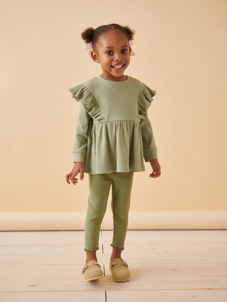 Green Brushed Ribbed Long Sleeve T-Shirt and Leggings Set (3mths-7yrs) - Image 2 of 7 Green Brushed Ribbed Long Sleeve T-Shirt and Leggings Set (3mths-7yrs) - Image 2 of 7