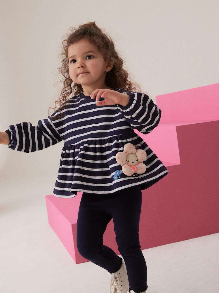 Navy Stripe Peplum 100% Cotton Top and Leggings Set (3mths-7yrs) - Image 2 of 7