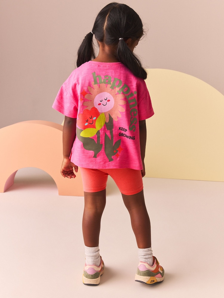 Bright Pink Flower 100% Cotton Short Sleeve Top and Cycle Shorts Set (3mths-7yrs) - Image 1 of 6