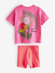 Bright Pink Flower 100% Cotton Short Sleeve Top and Cycle Shorts Set (3mths-7yrs) - Image 5 of 6