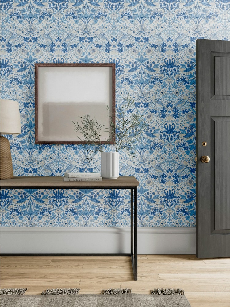 Morris & Co Blue Simply Strawberry Thief 10.05M Wallpaper - Image 2 of 2