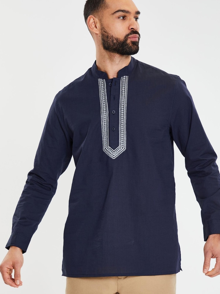 Threadbare Blue Long Sleeved 100% Cotton Kurta Tunic Shirt - Image 1 of 4
