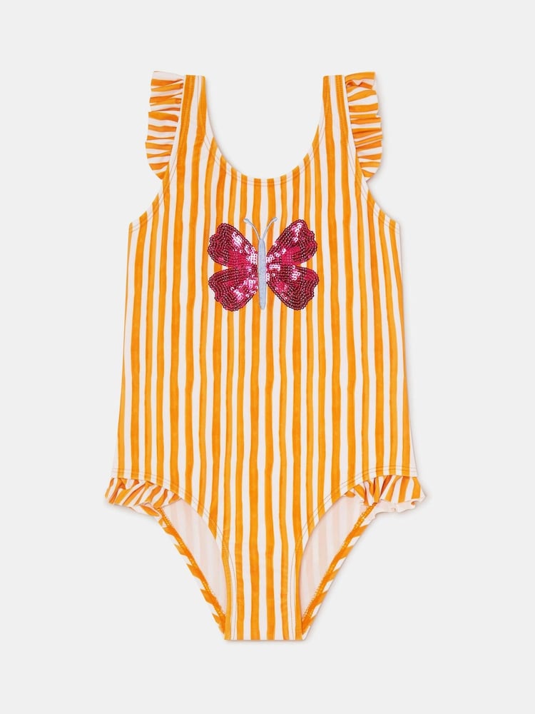 Angels By Accessorize Yellow Girls Butterfly Embellished Stripe Swimsuit - Image 1 of 2 Angels By Accessorize Yellow Girls Butterfly Embellished Stripe Swimsuit - Image 1 of 2