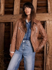 Mint Velvet Tan Brown Zip Leather Biker Jacket - Image 1 of 8