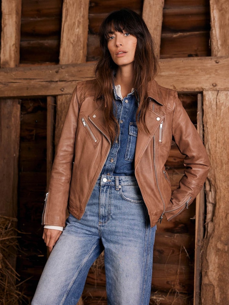 Mint Velvet Tan Brown Zip Leather Biker Jacket - Image 1 of 8