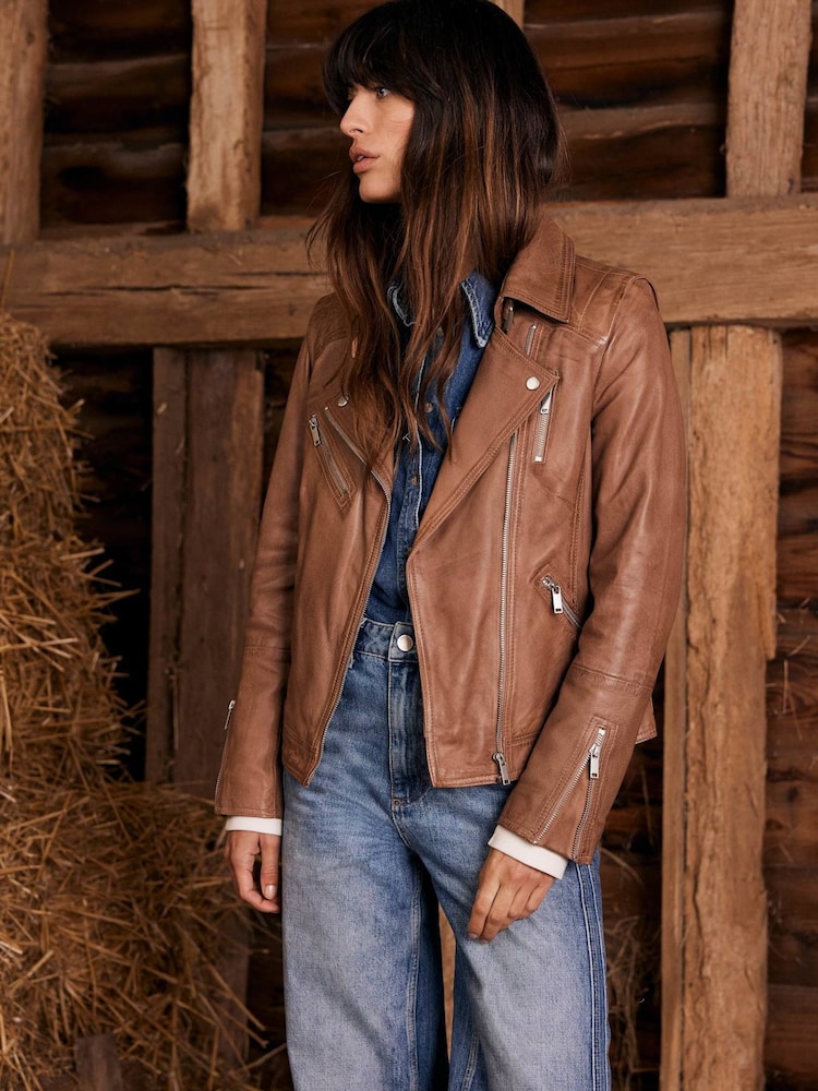 Mint Velvet Tan Brown Zip Leather Biker Jacket - Image 2 of 8