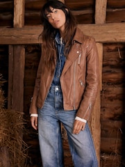 Mint Velvet Tan Brown Zip Leather Biker Jacket - Image 5 of 8
