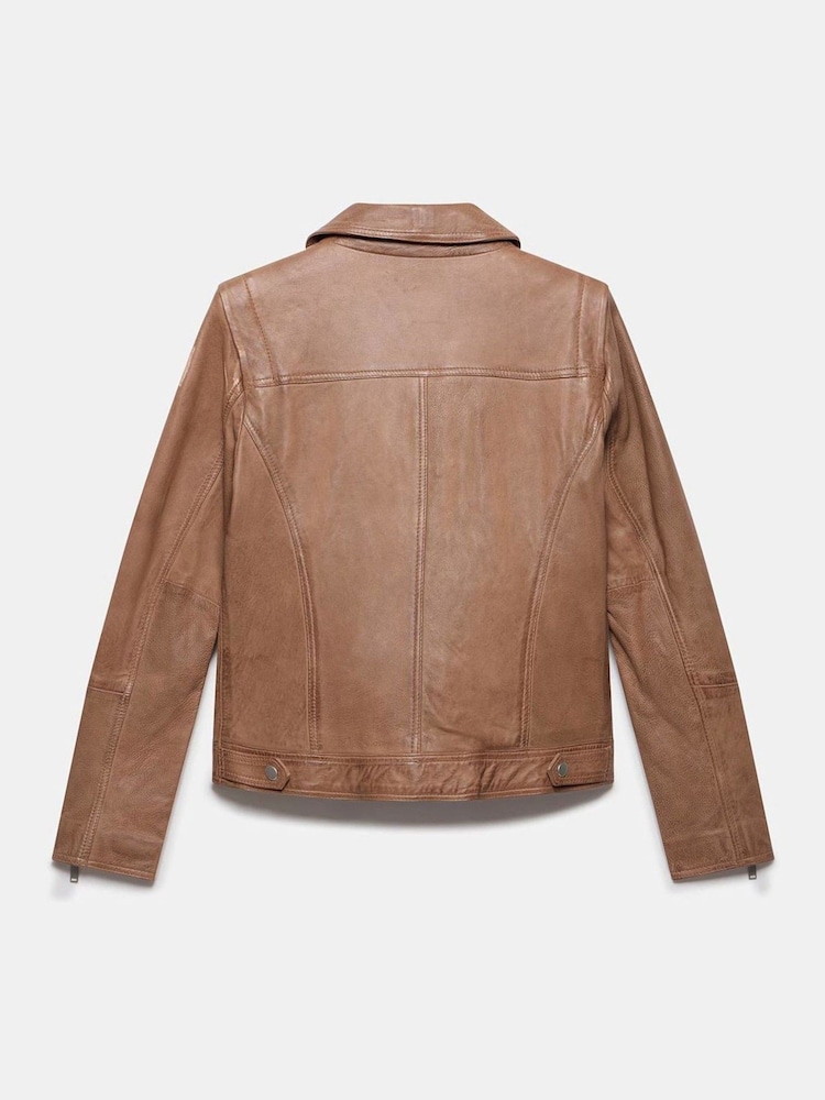 Mint Velvet Tan Brown Zip Leather Biker Jacket - Image 8 of 8