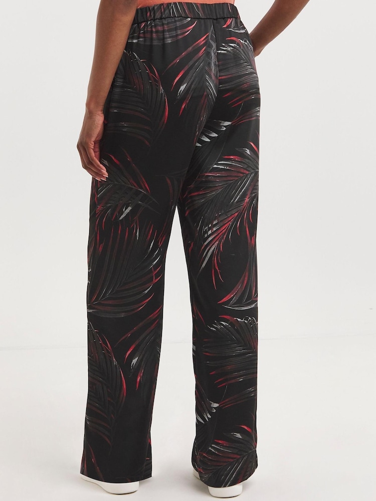 JD Williams Palm Print Satin Wide Leg Black Trousers - Image 2 of 5