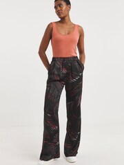 JD Williams Palm Print Satin Wide Leg Black Trousers - Image 3 of 5