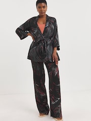 JD Williams Palm Print Satin Wide Leg Black Trousers - Image 4 of 5
