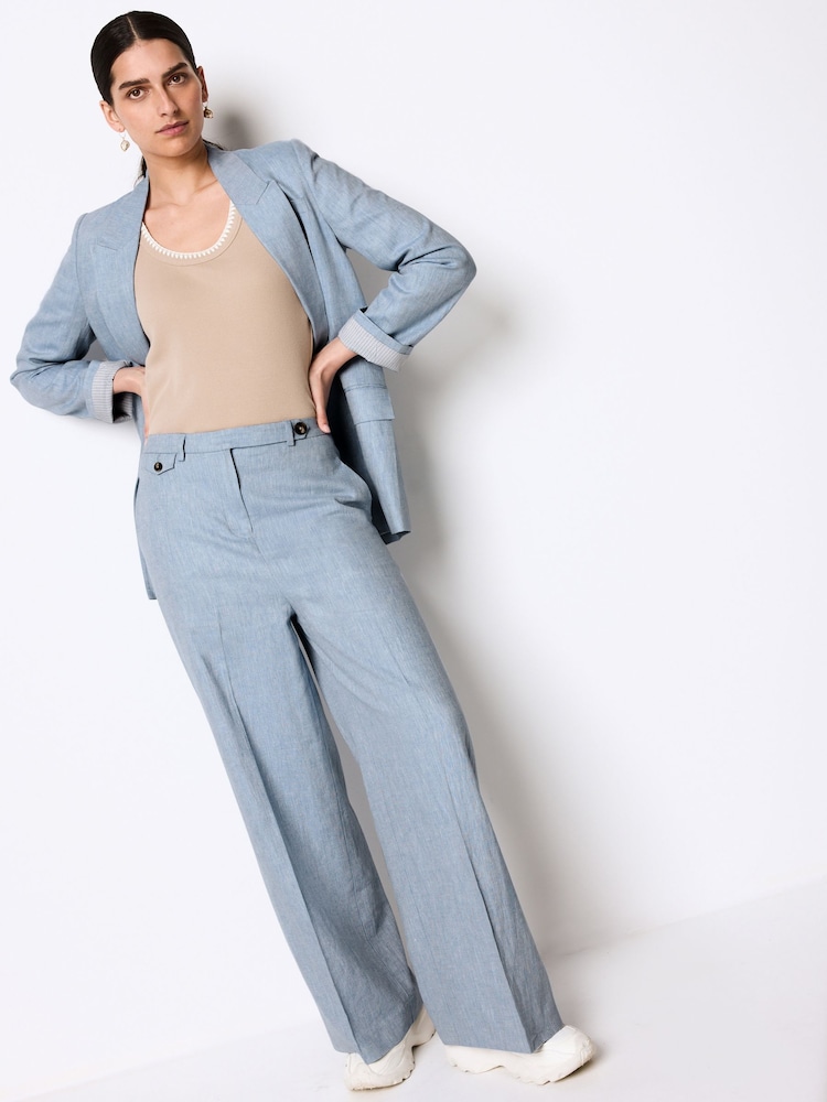 Blue Textured Linen Wide Leg Trousers - Image 1 of 6